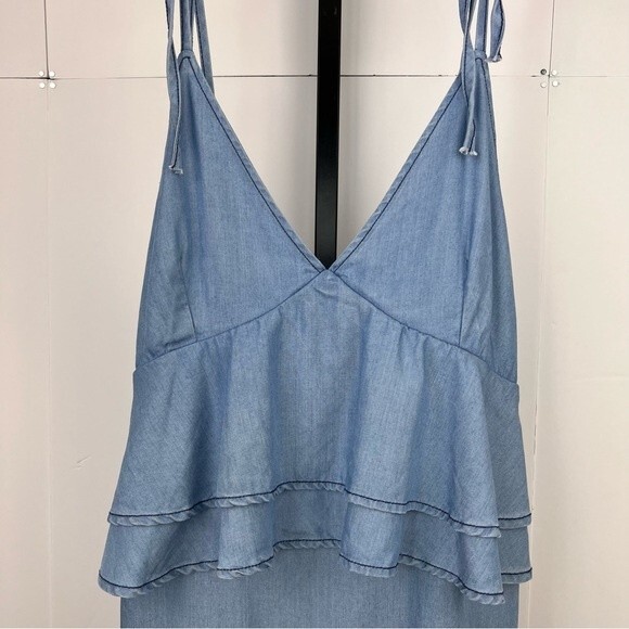 DO+BE Tunic Dress Womens M Blue Chambray Flowy Ruffle Open Back Summer Beach Top - Picture 4 of 10